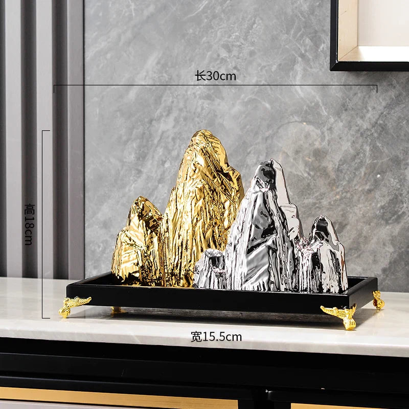 Afralia™ Ceramic Mountain Sculpture Decor - Golden/Silver Landscape Ornament