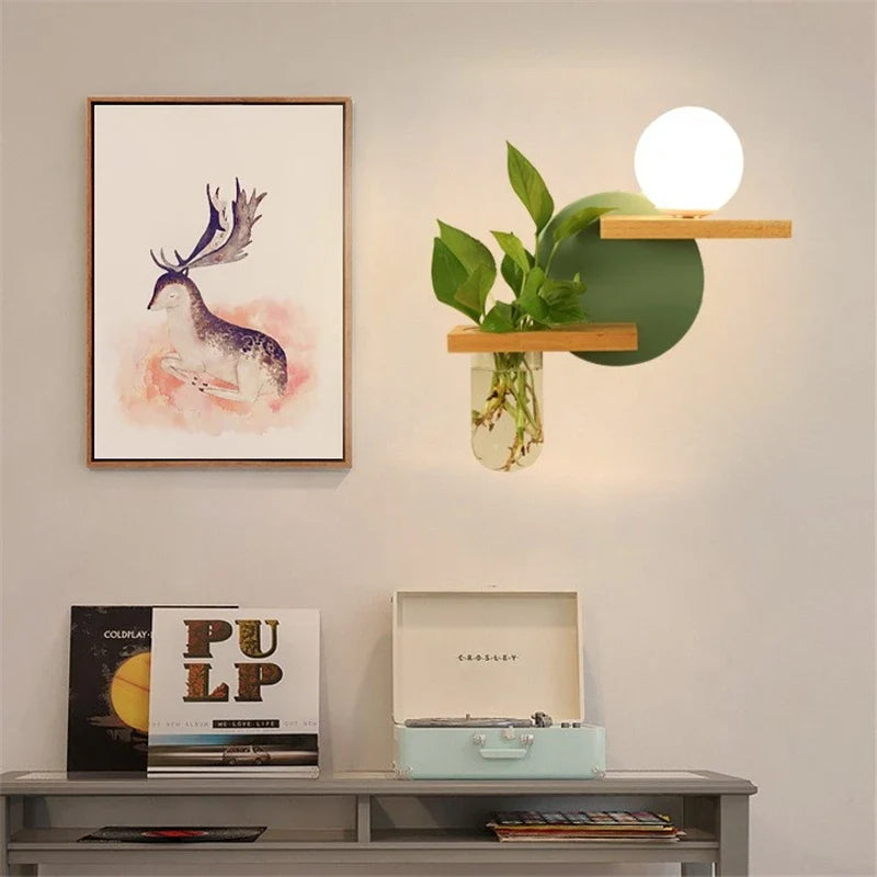 Afralia™ Wooden Plant Pot Wall Lamp with LED Light for Home Decor