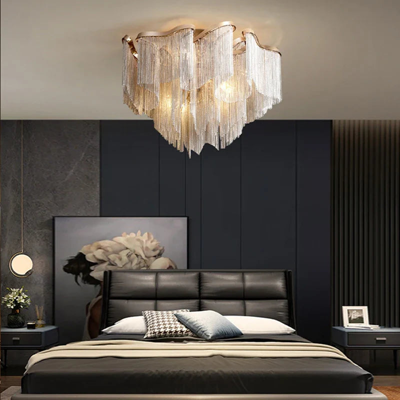 Afralia™ Luxury Tassels Ceiling Chandelier Dimmable Lights for Bedroom Decoration