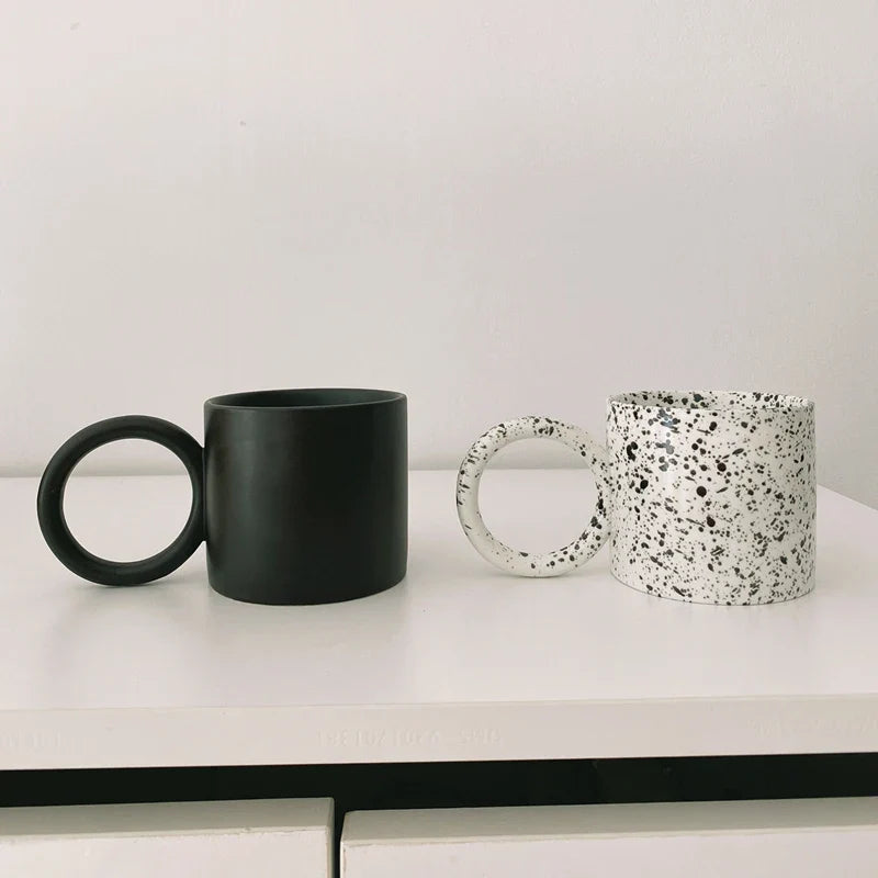 Afralia™ Ceramic Circle Handle Mugs - White Black Splash-ink Design