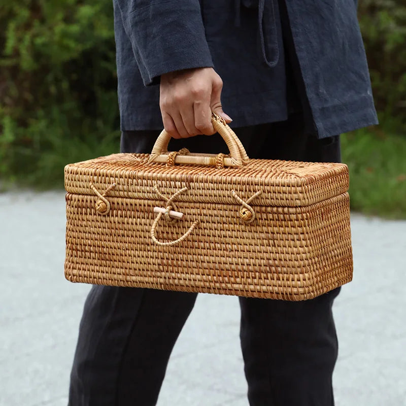 Afralia™ Rattan Storage Box: Portable Tea Container & Picnic Basket Organizer