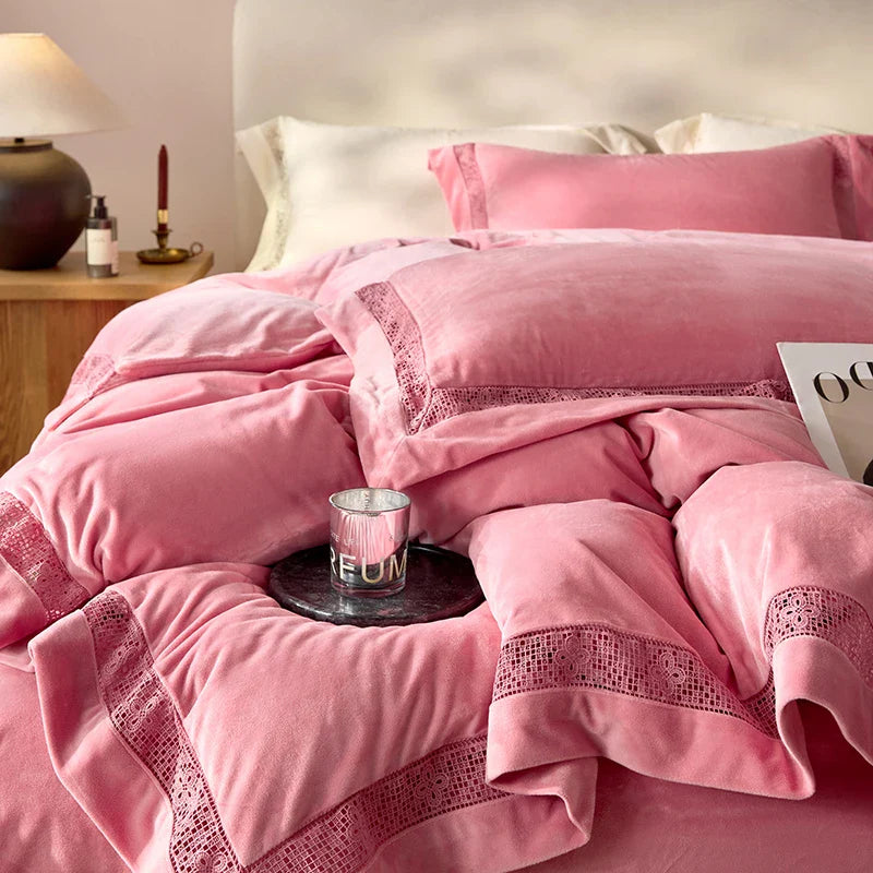 Luxury Gold Velvet Lace Duvet Bedding Set by Afralia™, Cozy Furry Winter Collection