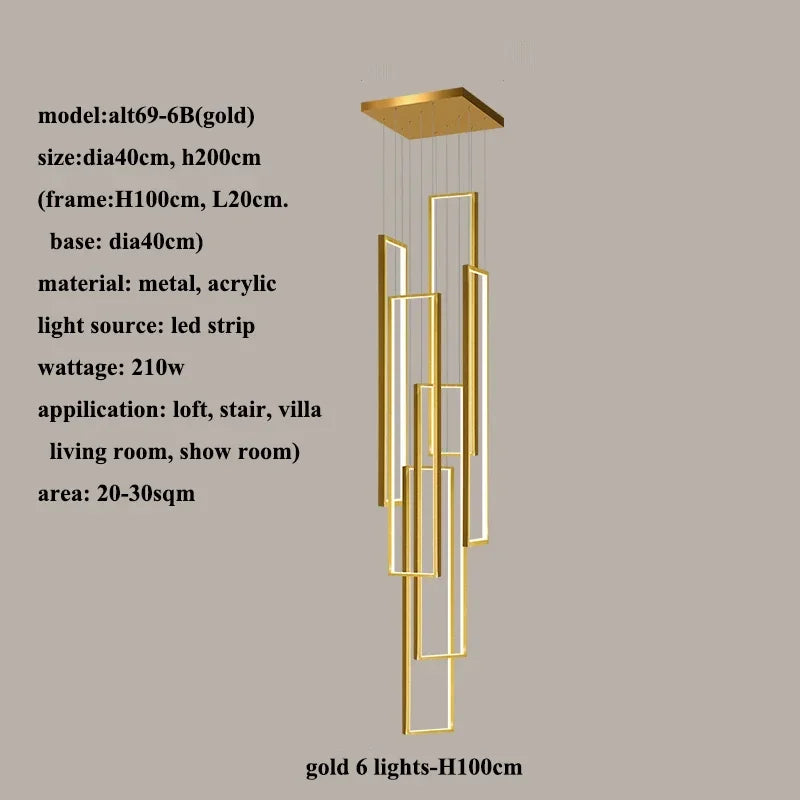 Afralia™ LED Rectangle Staircase Chandeliers Pendant Lighting Modern Living Room Decor