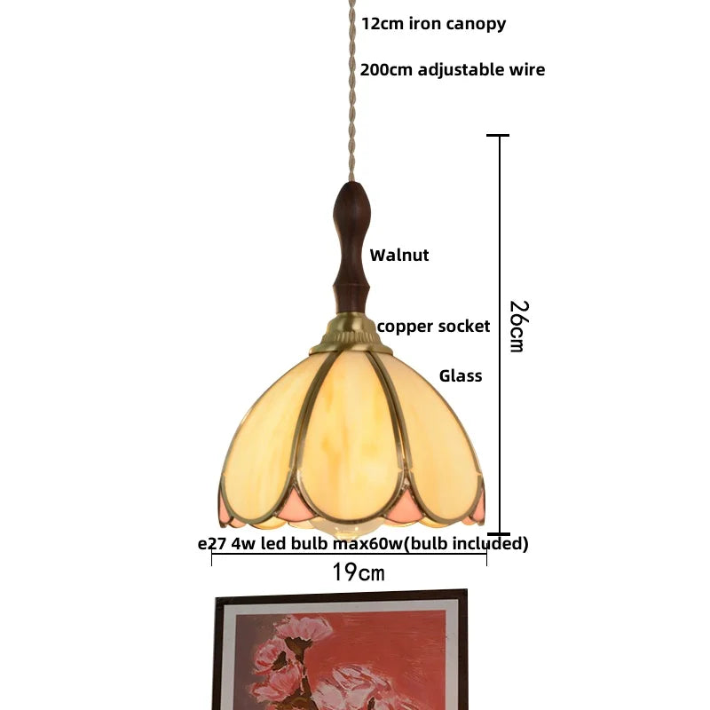 Afralia™ Tiffany Glass Pendant Lamp with Adjustable Walnut Wood, LED Dining Room Lighting