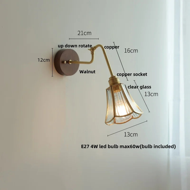 Afralia™ Copper Rotate Arm LED Wall Light: Clear Glass Walnut Bedside Lamp