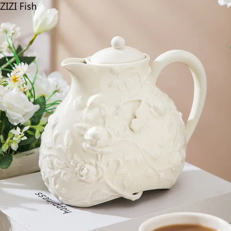 Afralia™ White Floral Ceramic Cup & Saucer Set for Elegant Dining Experience