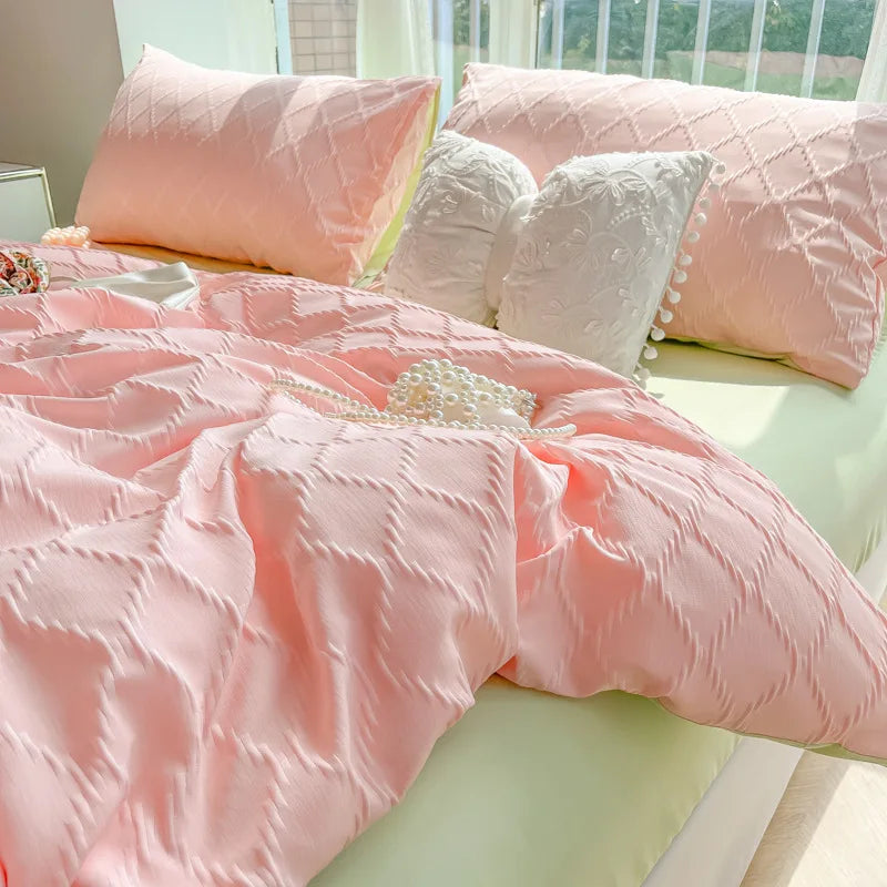 Afralia™ Solid Color Square Jacquard Bedding Set - Cozy Summer Comforter for Girls