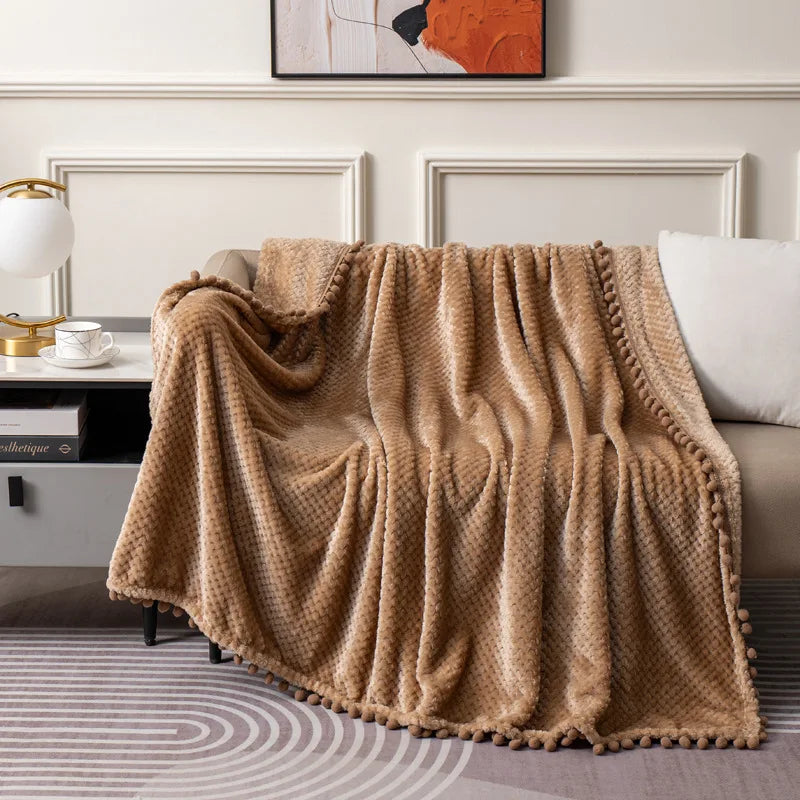 Afralia™ Plaid Tassel Ball Fleece Blanket - Queen Double Bedspread, Four Season Sofa Cover
