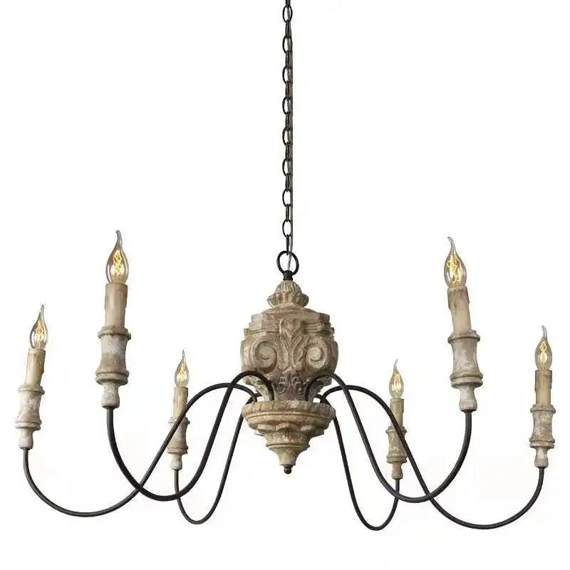 Afralia™ Vintage French Wood Chandelier | Retro Carved Rustic Dining Room Lighting