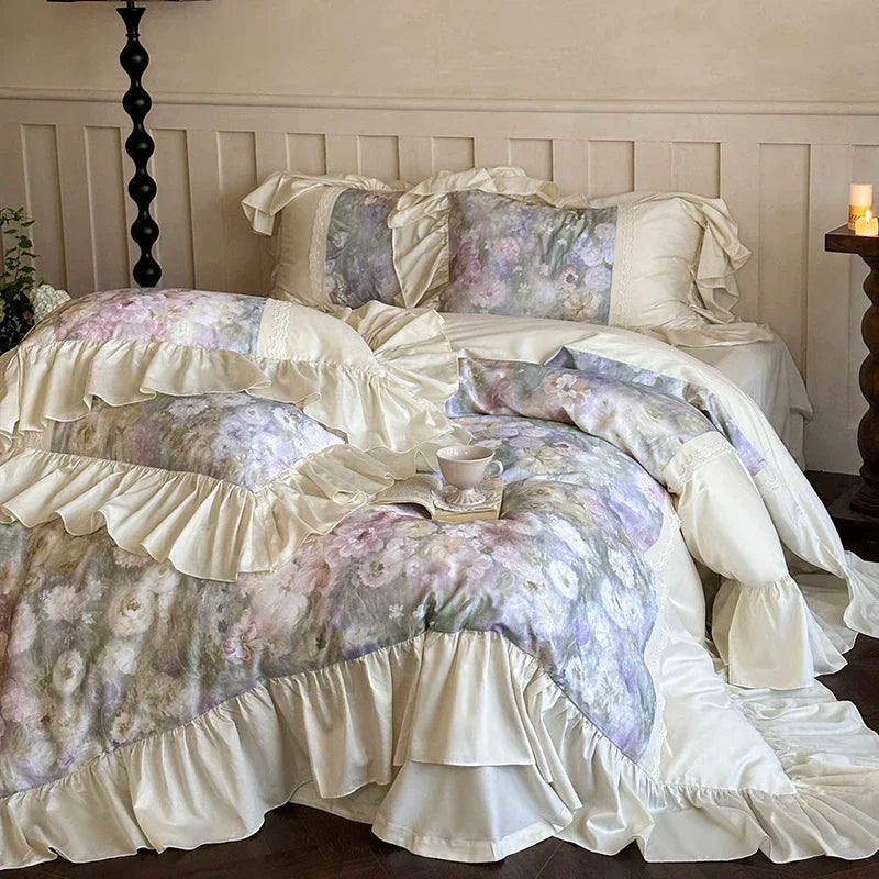 Afralia™ Vintage French Pastoral Lace Ruffles Bedding Set: Duvet Cover, Bed Sheet, 2 Pillowcases