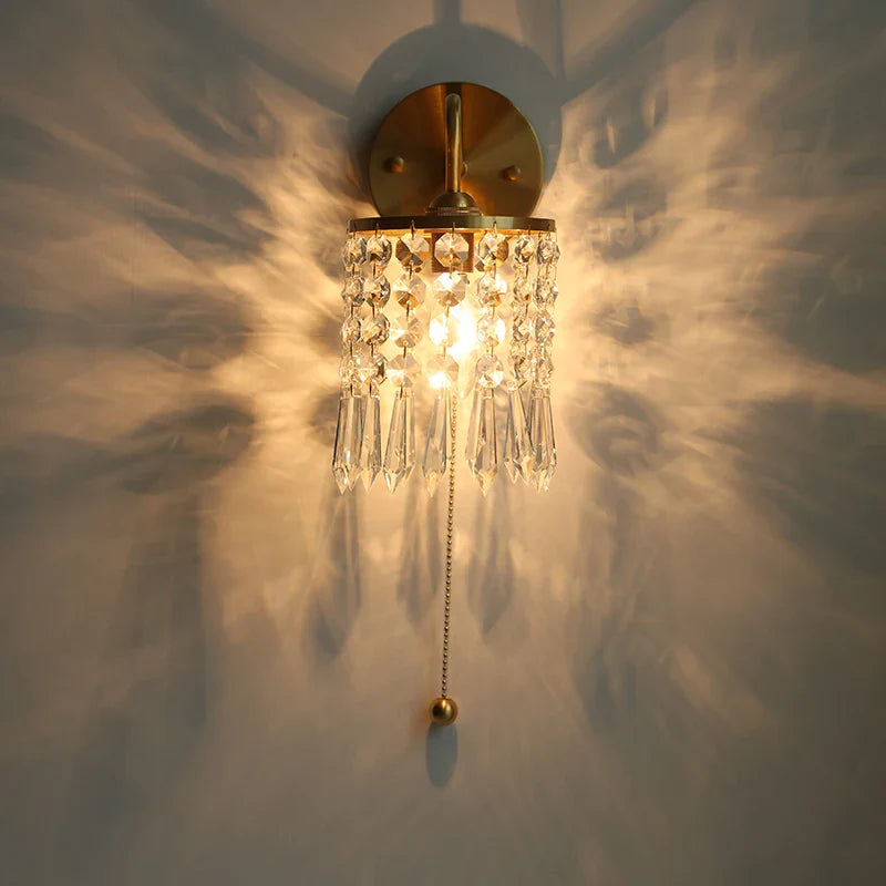 Afralia™ Crystal Vintage LED Wall Lights Pull Chain Switch Luxury Copper E14 Stair Light
