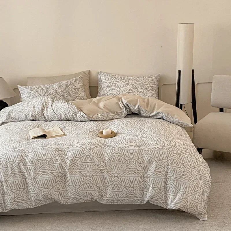 Afralia™ Geometric Pattern Cotton Fitted Sheet Set, King/Queen Bed Comfort Bedding