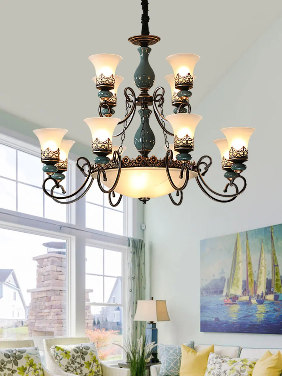 Afralia™ Retro Ceramic Chandelier with Glass Lampshade for Living Room, Bedroom, Dining Room