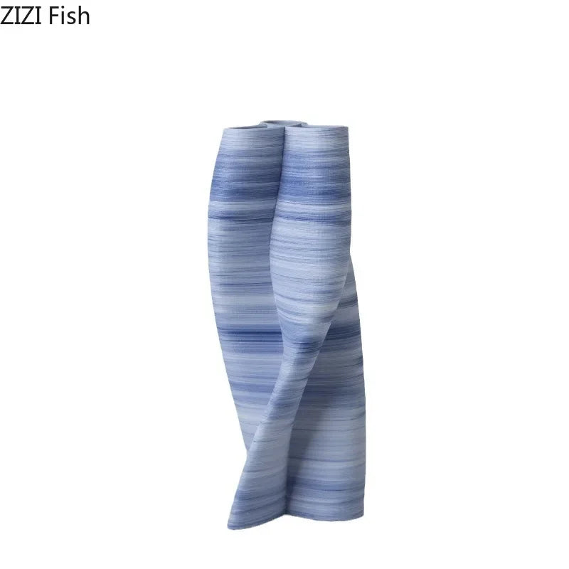Blue Stripes Ceramic Vase, Afralia™ Twist Knot Design, Creative Floral Table Decor