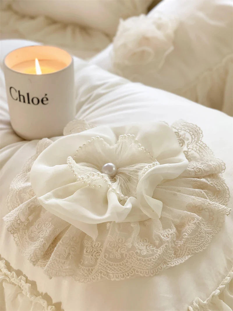 Afralia™ Luxury Wedding Embroidered Bedding Set with Handmade Flowers and Lace Edge