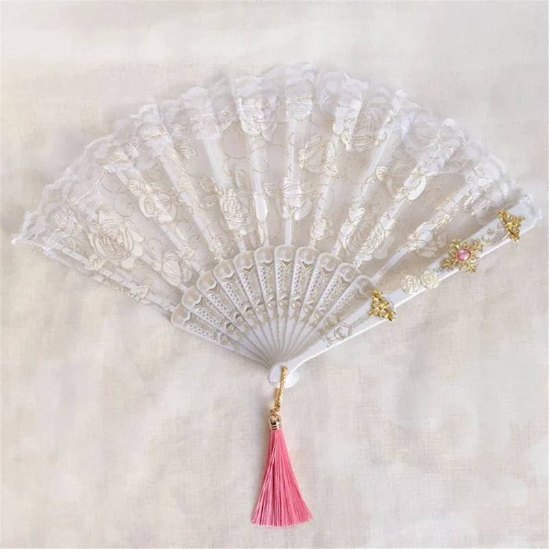 Afralia™ Elegant Gemstone Handle Lace Fan for Dark Gothic Court Party