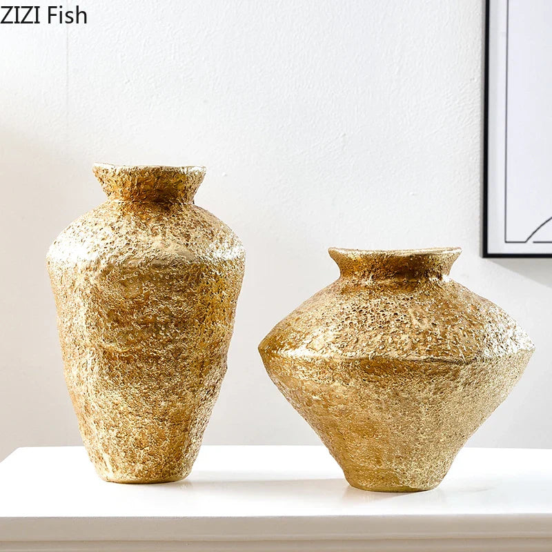 Afralia™ Vintage Gold Pottery Vase for Elegant Floral Arrangements and Room Decor