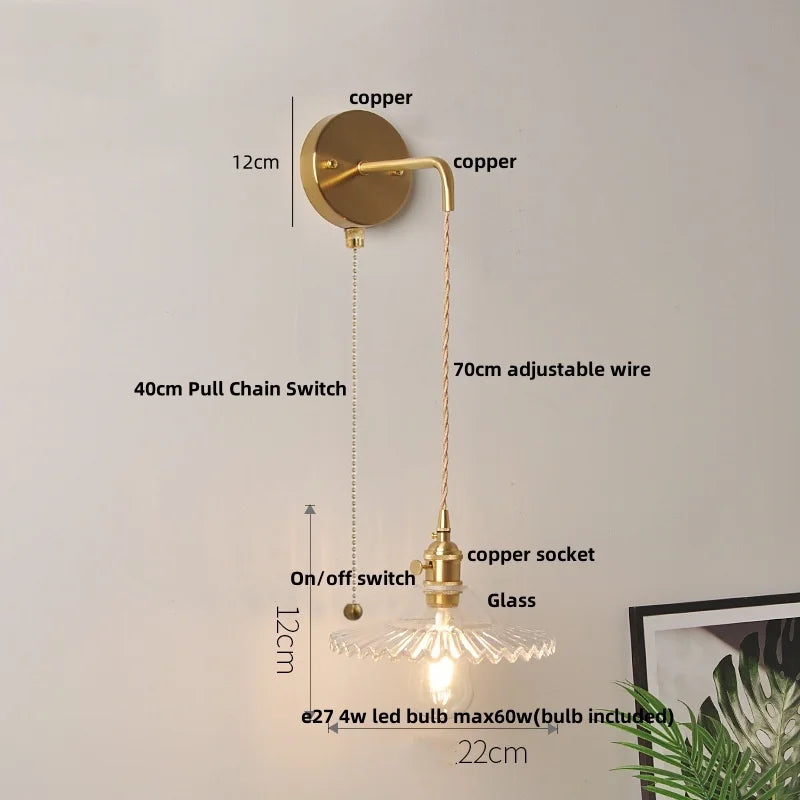 Afralia™ Nordic Glass Wall Lights LED Sconce Pull Chain Switch Adjustable Wire Bedside Lamp