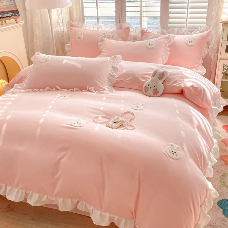 Afralia™ Cartoon Princess Embroidered Cotton Bedding Set for Adult Girls