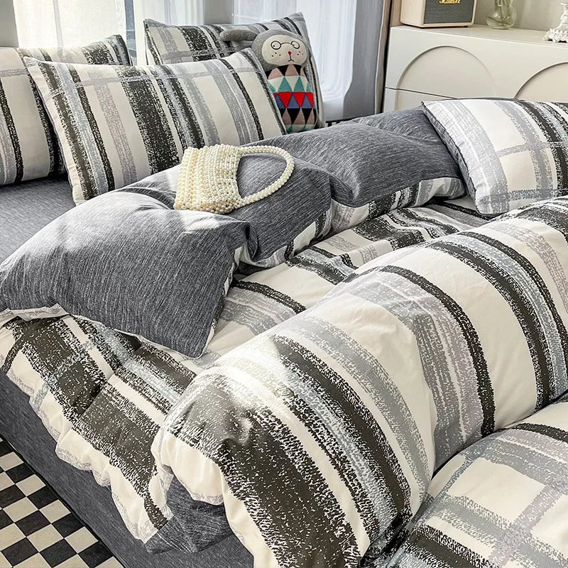 Afralia™ Pure Cotton Striped Bedding Set Duvet Cover Fitted Sheet Kit for Single/Double