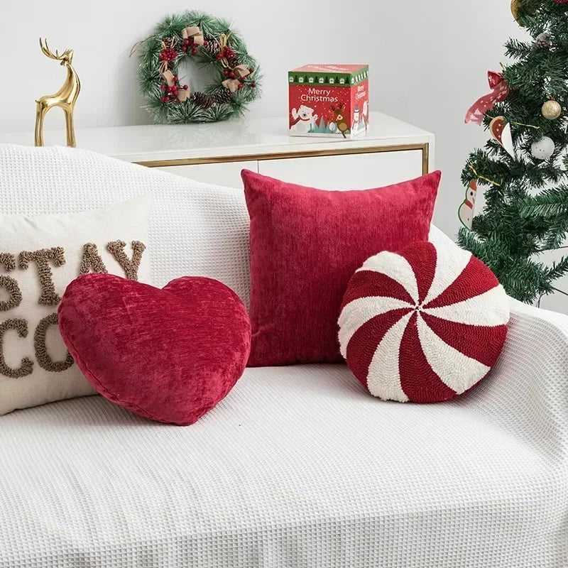 Afralia™ Nordic Red Christmas Candy Cushion Cover - Festive Embroidered Patchwork Design