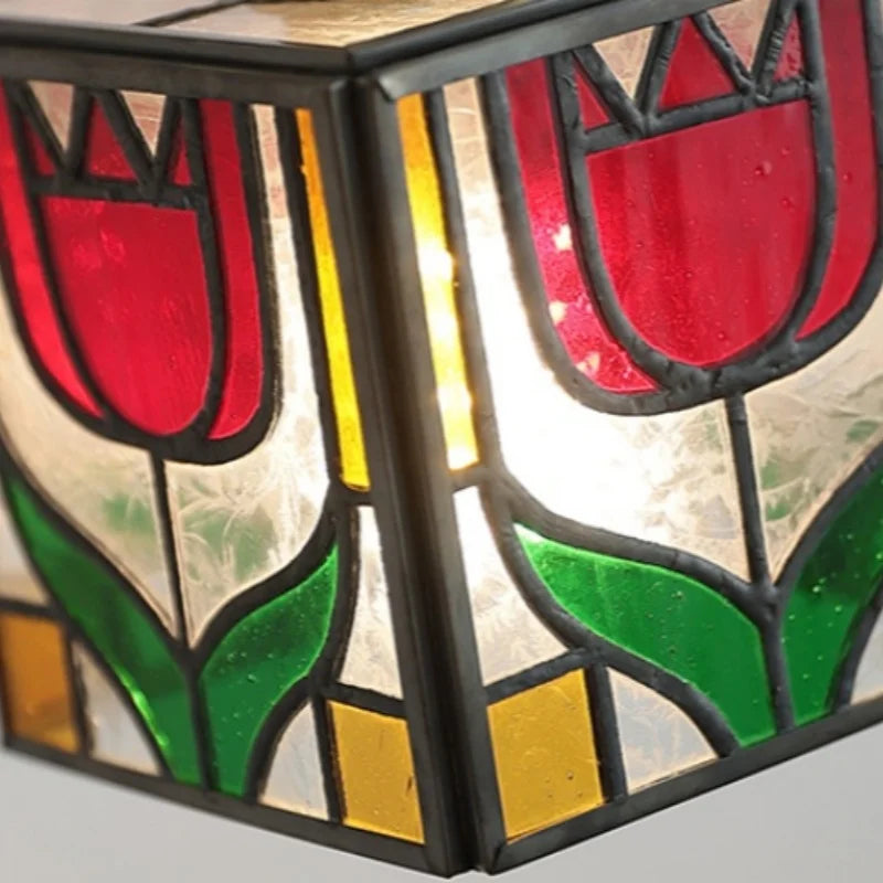 Afralia™ Colorful Square Glass LED Wall Lights with Pull Chain Switch, Tiffany Style
