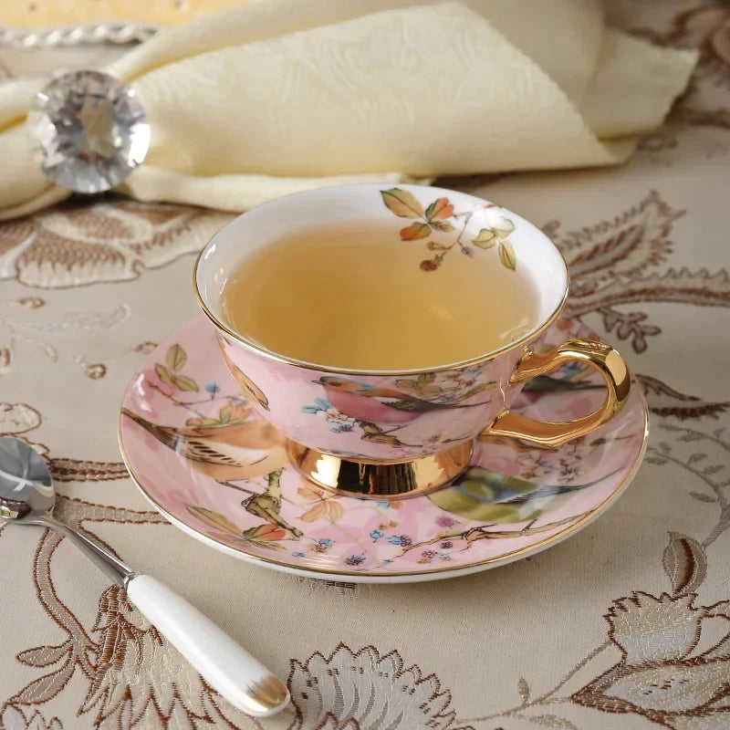 Afralia™ Porcelain Tea Cup Saucer Spoon Set | Elegant Bird Design Coffee 200ml Mug Tray