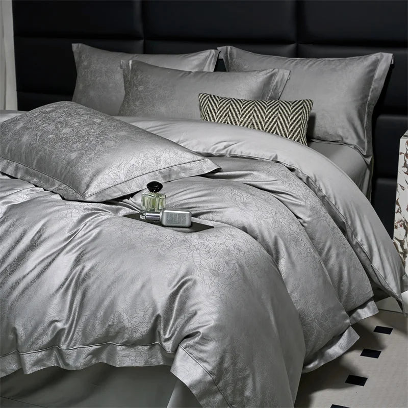 Afralia™ Luxury Grey Jacquard Cotton Bedding Set with Silky Duvet Cover and Pillowcases