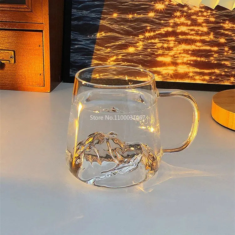 Afralia™ Mount Fuji Glass Whiskey Cup with Handle - Japanese Style Tea Cup - 380ml