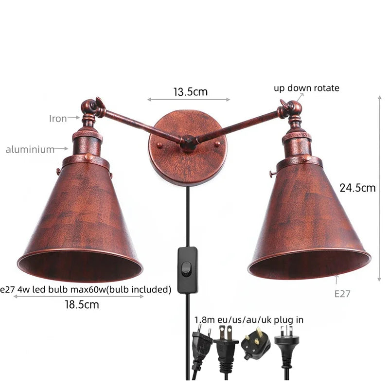 Afralia™ Loft Plug-in LED Wall Lamps Industrial Silver Vintage 2 Heads Lighting