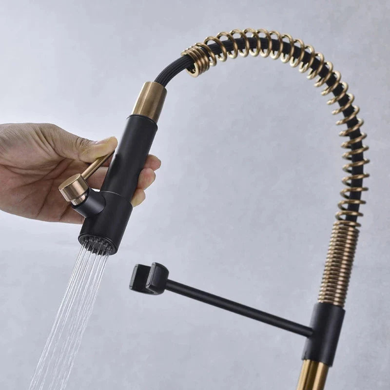 Afralia™ Brushed Gold Kitchen Faucet with Pull Down Black Spring Spout - Hot Cold Mixer