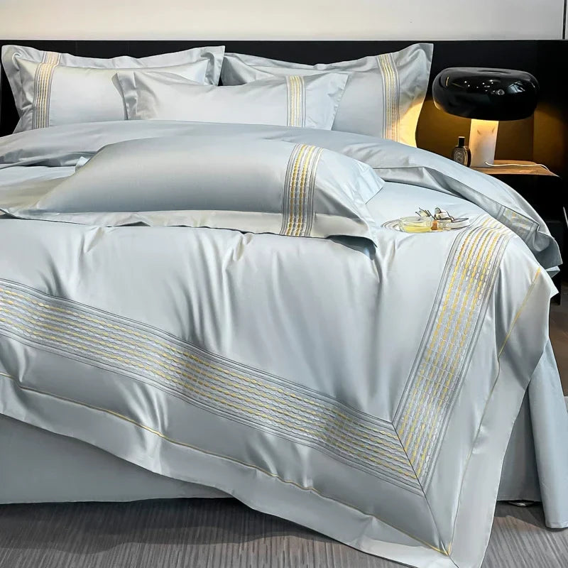 Afralia™ 100s Egyptian Cotton Embroidery King Queen Bedding Set with Duvet Cover