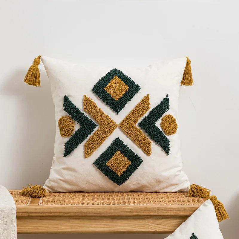 Afralia™ Tufted Geometric Pillow Cover Green Brown Ivory Boho Style Tassels 45x45cm 30x50cm