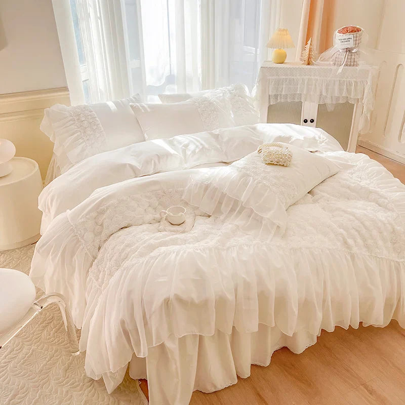 Afralia™ Rose Flowers Embroidery Princess Bedding Set - Pure Cotton, Lace Ruffles