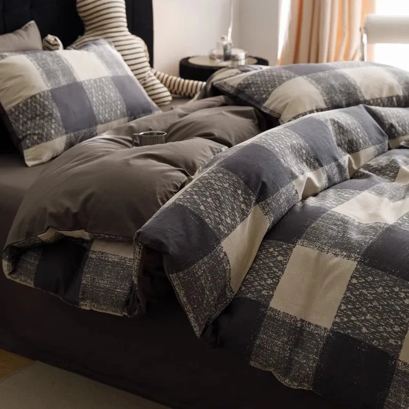 Afralia™ Pure Cotton Striped Bedding Set Duvet Cover Fitted Sheet Kit for Single/Double