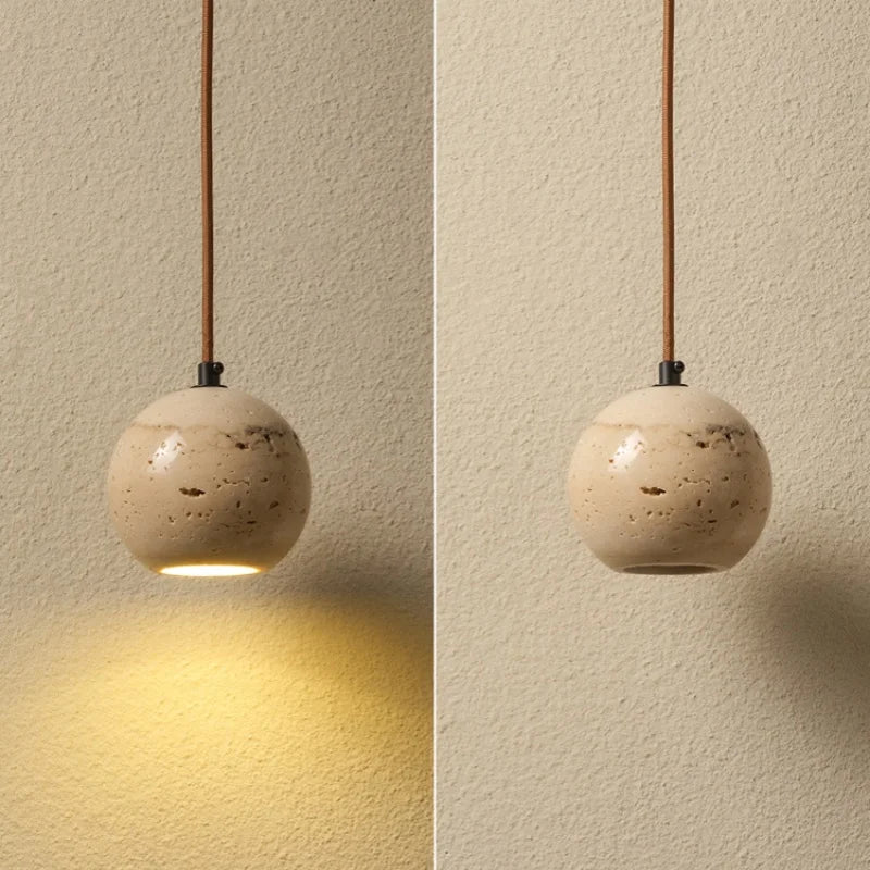 Afralia™ Yellow Travertine Wood Canopy Pendant Lights - Japanese Style Adjustable Globe LED Hang Lamp