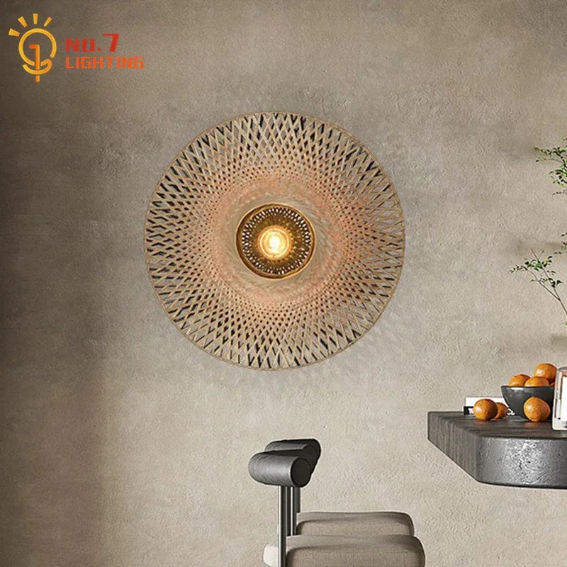 Afralia™ Bamboo Weaving Wall Lamp LED E27 Zen Art Decor for Study Tea Living Room