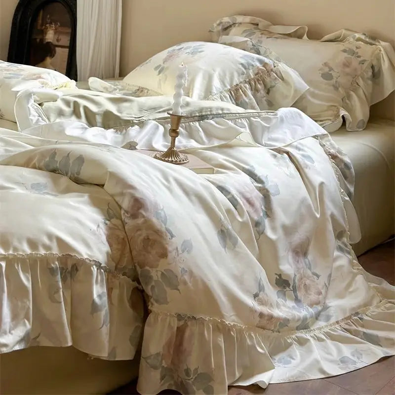 Afralia™ French Rose Flowers Print Bedding Set, Elegant Ruffles Princess Collection