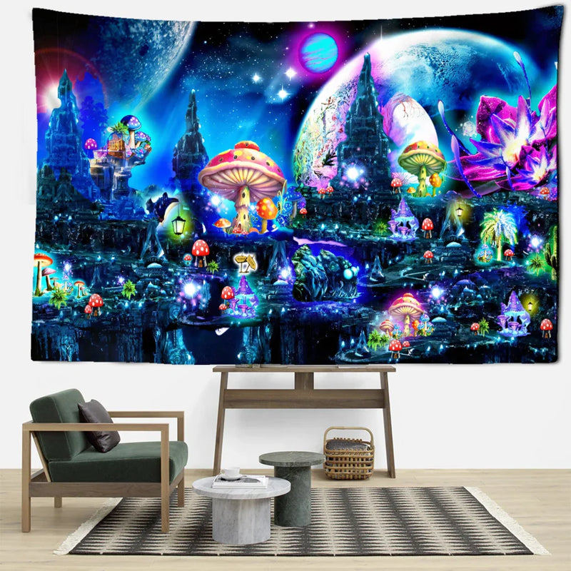 Afralia™ Mushroom Castle Tapestry Wall Hanging for Magical Home Decor