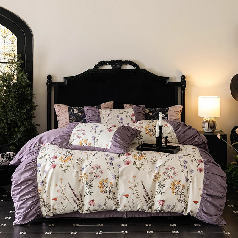 Afralia™ Vintage Rose Print Ruffles Bedding Set: 800TC Egyptian Cotton, Duvet Cover, Sheet, Pillowcases