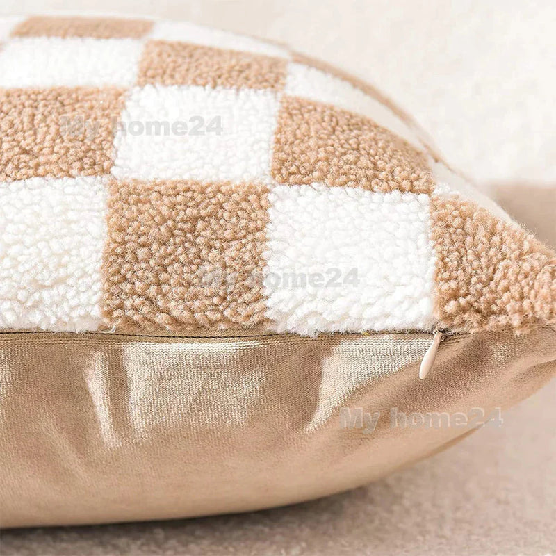 Afralia™ Checkerboard Plaid Plush Knitted Cushion Cover | Short Fleece Throw Pillowcase