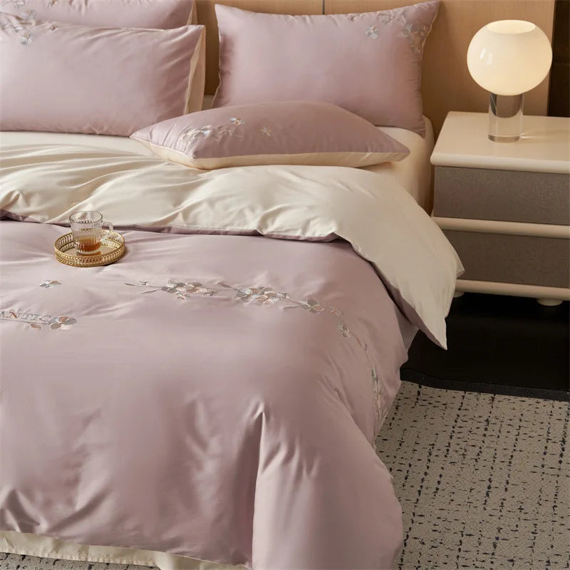 Afralia™ Luxury 100S Long Staple Cotton Embroidery Bedding Set, Ultra Soft Solid Duvet Cover, Double King Size