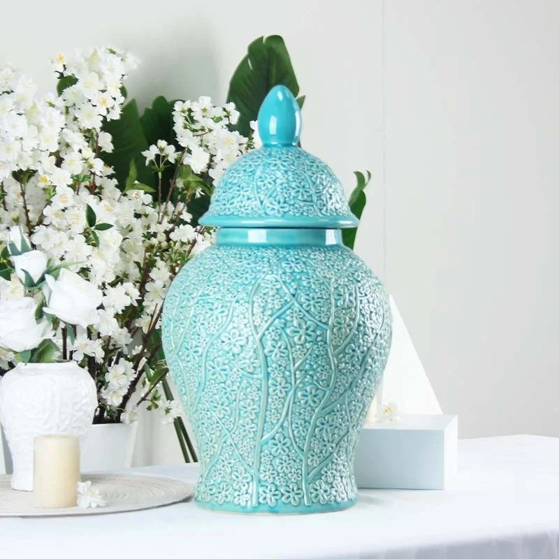 Afralia™ Checkmate Porcelain Ginger Jar with Rose Relief, Storage & Vase