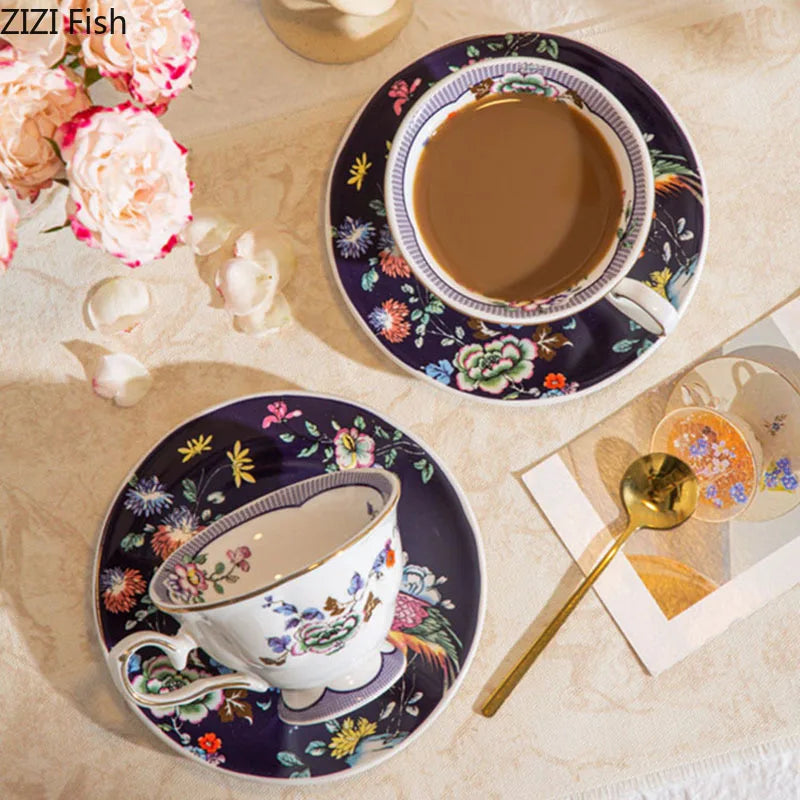 Afralia™ Flowers Pattern Ceramic Cup & Saucer Set for Dining Table, Coffee, Tea, Juice