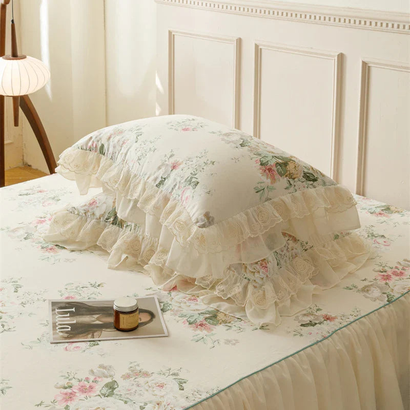 Afralia™ French Country Flowers Print Bedding Set with Lace Ruffles