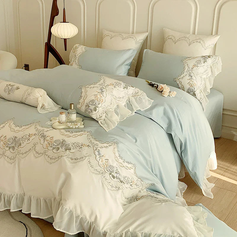Afralia™ Romantic French Princess Bedding Set with Rose Embroidery & Ruffles