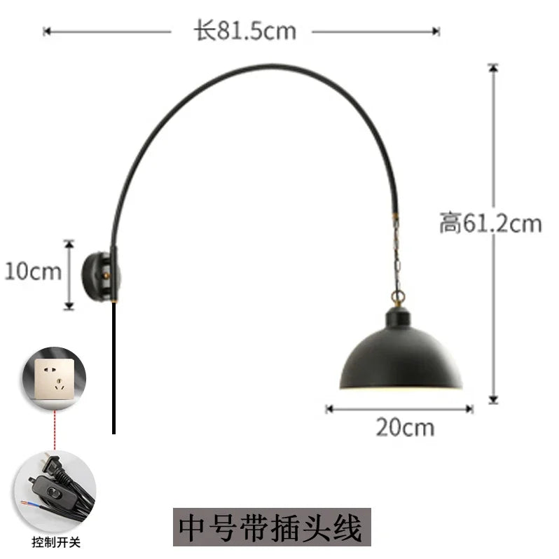 Afralia™ Rotatable Black Wall Lamp LED E27 Swing Arm Long Pole Industrial Design