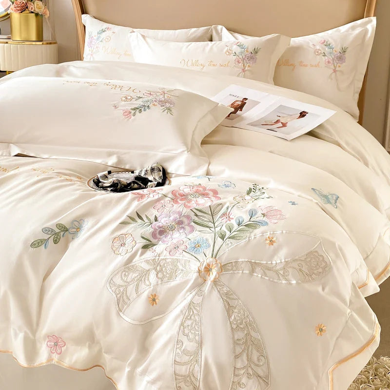 Afralia™ Chic Flowers Embroidery Bedding Set, 100% Cotton, 400TC