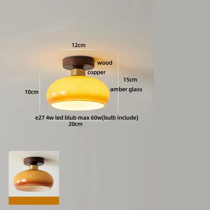 Afralia Wood Copper LED Ceiling Light Amber Glass Plafond Lamp