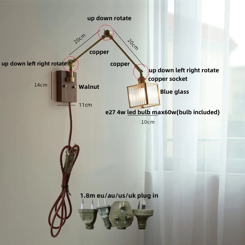 Afralia™ LED Wall Lamp Rotatable Glass Walnut Swing Arms Hallway Stair Light